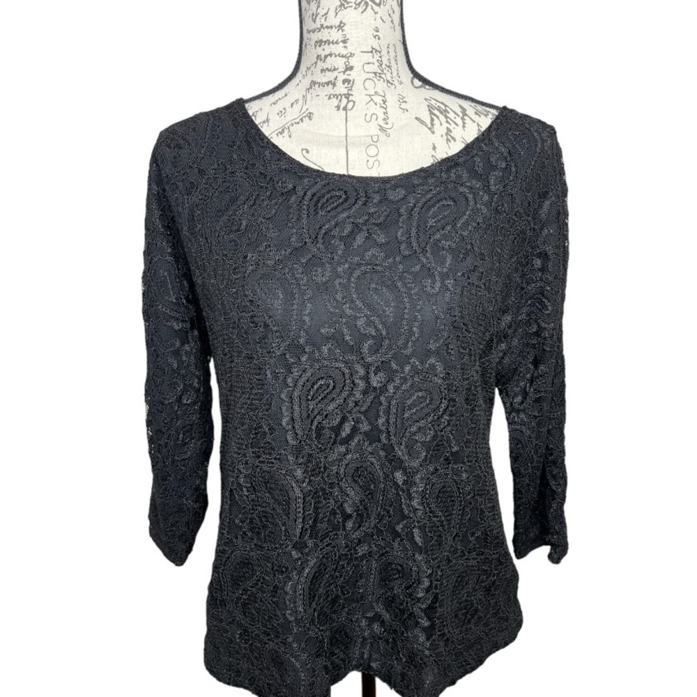 Lovers + Friends Black Paisley Lace Button Back 3/4 Sleeves Top L